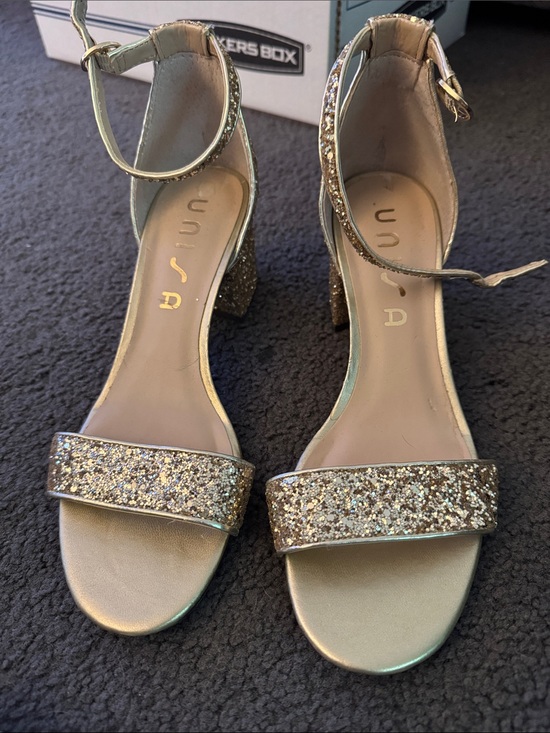 Unisa Shoes - Unisa Gold Glitter Ankle-Strap Block Heels